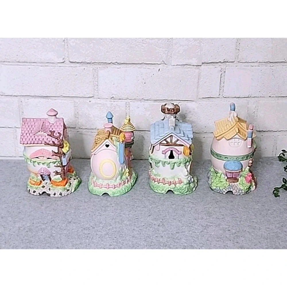 Easter Egg Village Porcelain Buildings Grocery Hotel Police Station‎ 4 Pc Set